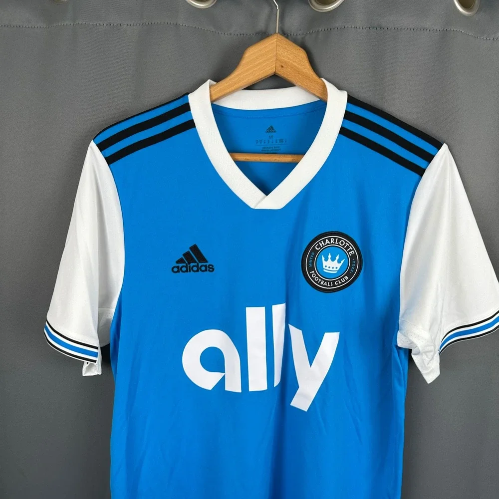 Adidas Charlotte FC Soccer Jersey Mens Medium Blue White Short Sleeve Ally Logo